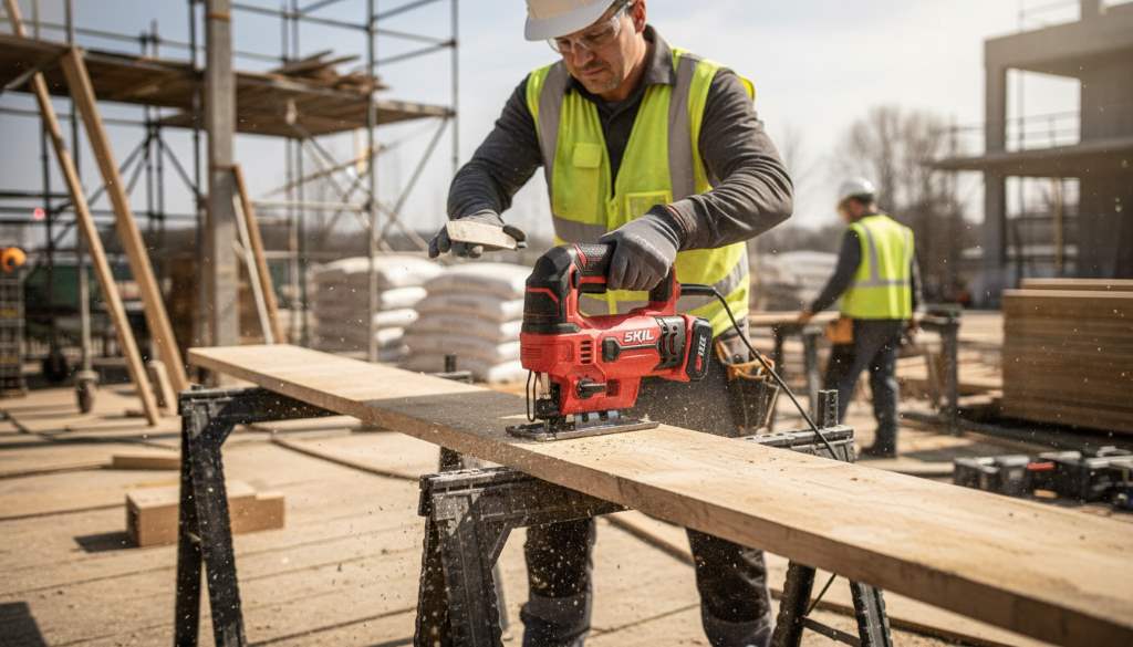 Cordless jig saw in action on a construction site, showing freedom of movement without cords