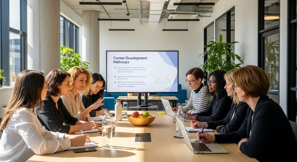 Diverse group of women collaborating in modern office environment during career development meeting