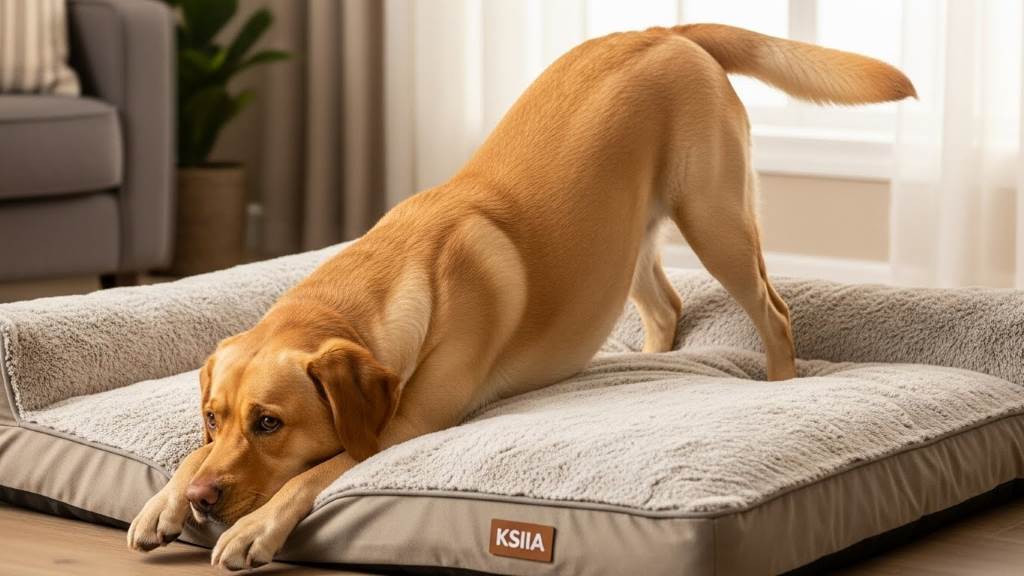 Large Labrador stretching out on an XXLarge KSIIA orthopedic dog bed featuring anti-slip bottom and soft faux fur