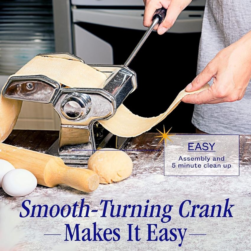 Close-up of Nuvantee pasta maker showing adjustable thickness settings and rollers.