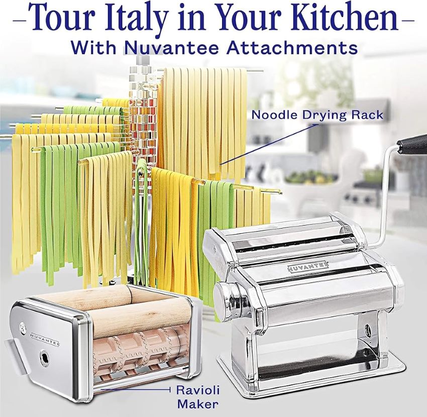Fresh pasta being rolled with the Nuvantee 2-in-1 pasta maker for easy home use.