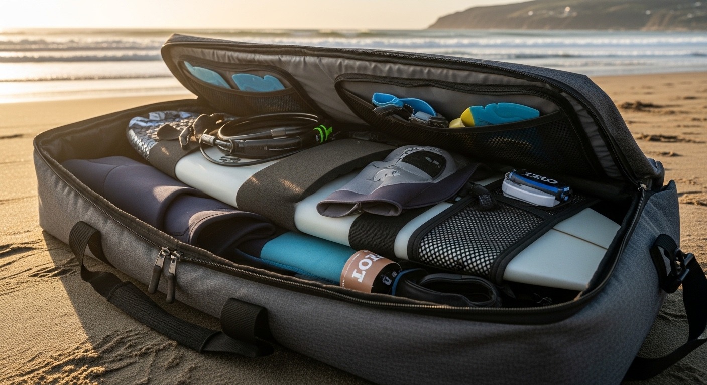 surfboard inside protective board bag during travel for surf gear maintenance