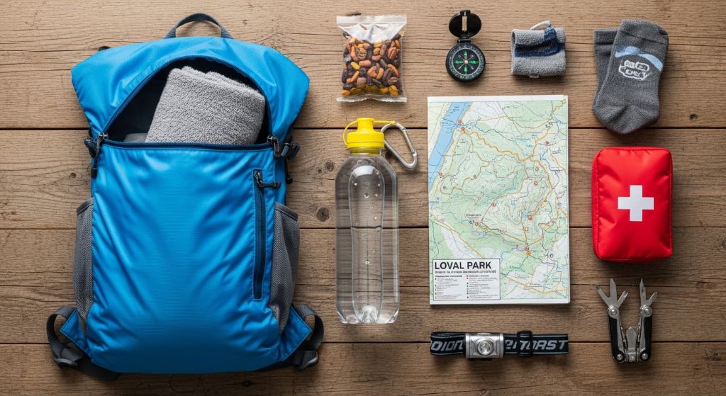 A flat lay of low cost hiking gear including a lightweight backpack, water bottle, trail map, and compact first aid kit arranged on a wooden surface