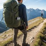 A hiker standing on a mountain trail wearing an affordable green hiking backpack with multiple compartments and padded shoulder straps.