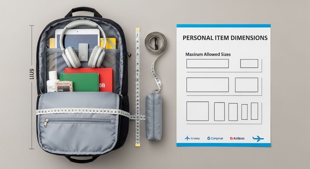 A flat lay of a neatly packed personal item backpack next to a measuring tape and airline size chart, showing how to check carry on dimensions before a flight
