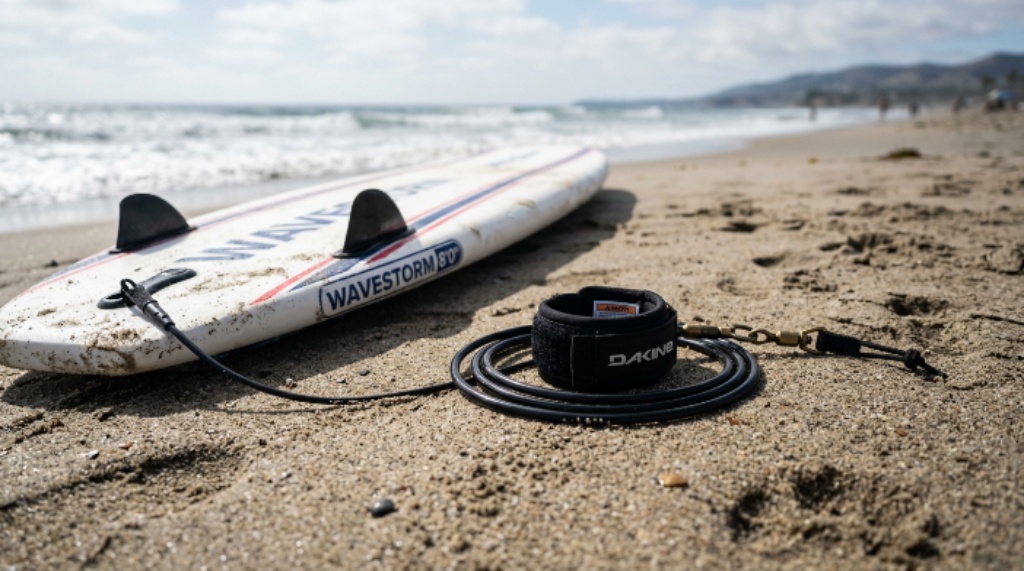Close-up of a surfboard leash coiled on a sandy beach next to a beginner surfboard