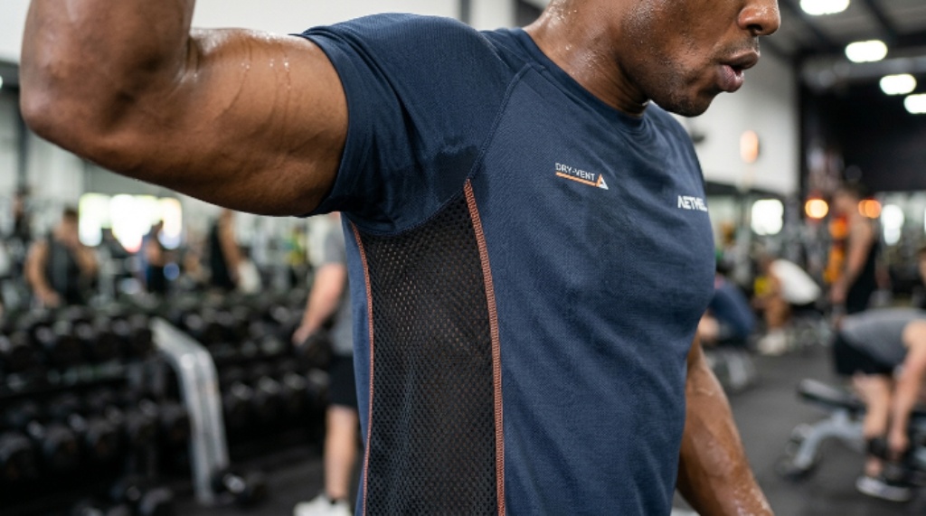 Close-up of a moisture-wicking athletic t-shirt with mesh side panels designed for hot weather gym training