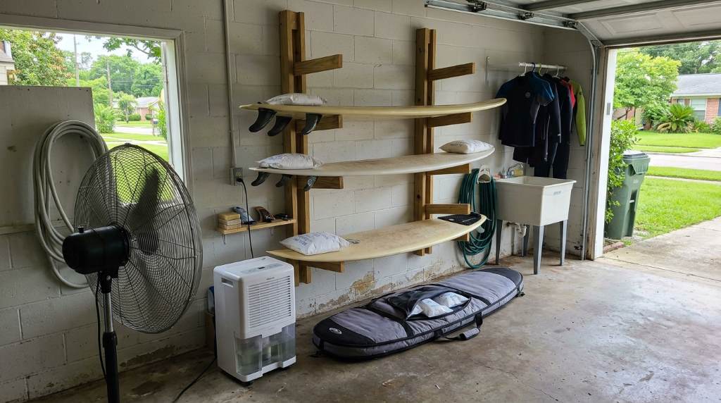 Organized indoor climate-controlled surf gear storage room protecting boards and wetsuits from Louisiana humidity