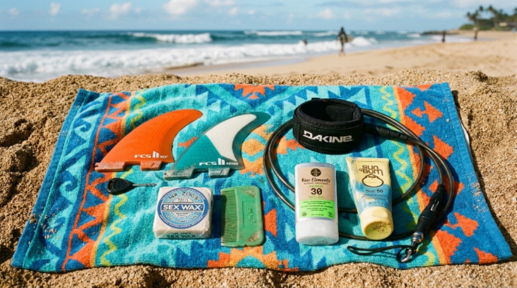 Collection of surf accessories including fins, surf wax, leash, and sunscreen laid out on a beach towel