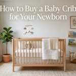 A modern wooden baby crib in a sunlit nursery with title text overlay.