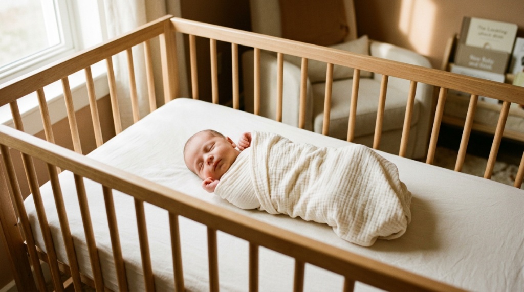 A peaceful newborn baby sleeping safely on their back inside a wooden crib.