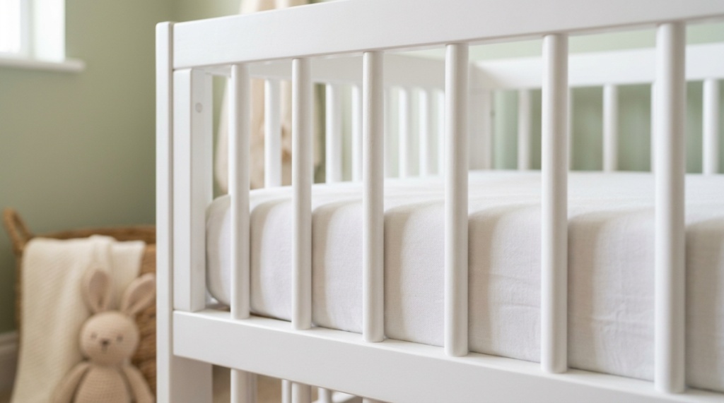 Close-up of sturdy wooden slats and a properly fitted mattress on a white crib.