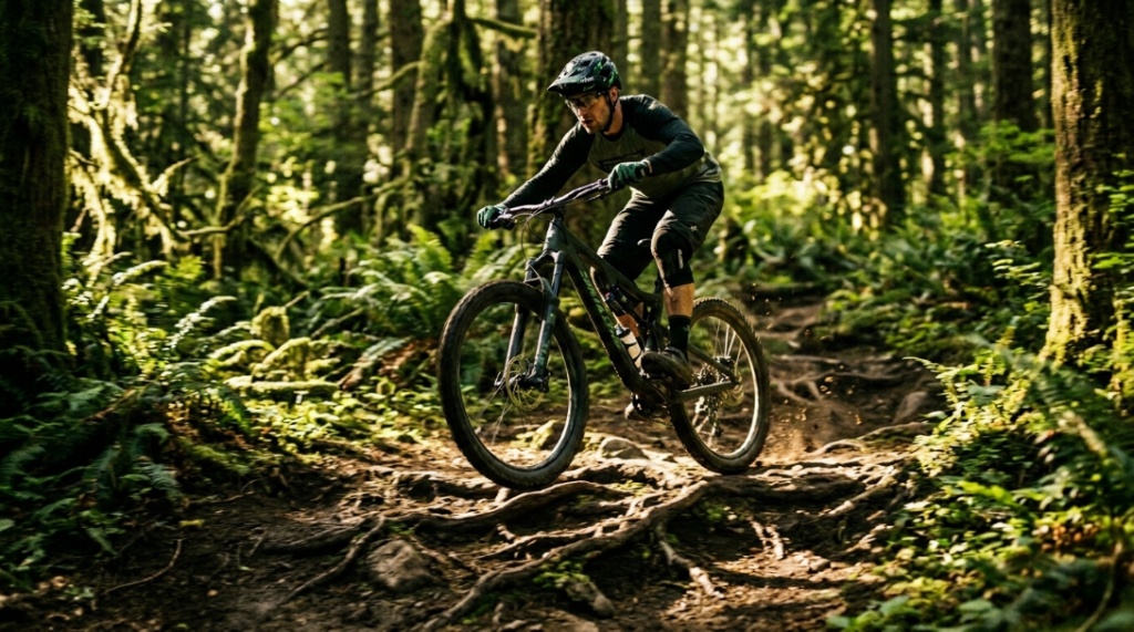 Cyclist riding a twenty seven point five inch wheel mountain bike over forest tree roots.