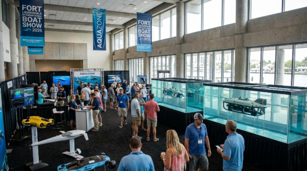 Visitors exploring marine technology and watersports displays at the AquaZone during the Fort Lauderdale International Boat Show 2026 at the Broward County Convention Center