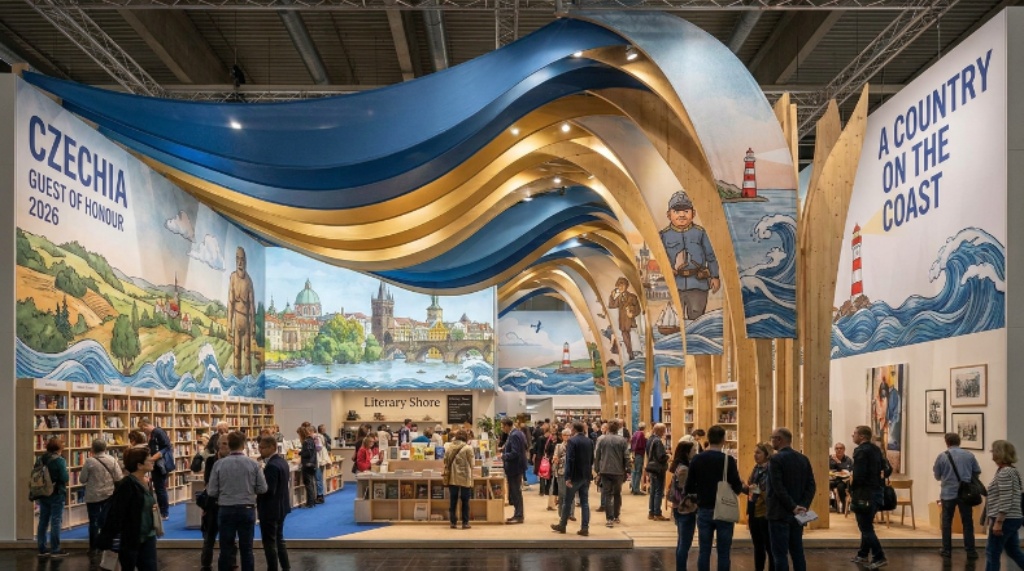 The Czechia Guest of Honour pavilion at the Frankfurt Book Fair 2026, decorated with literary and cultural imagery under the theme 'A Country on the Coast,' welcoming visitors to explore Czech literature and art