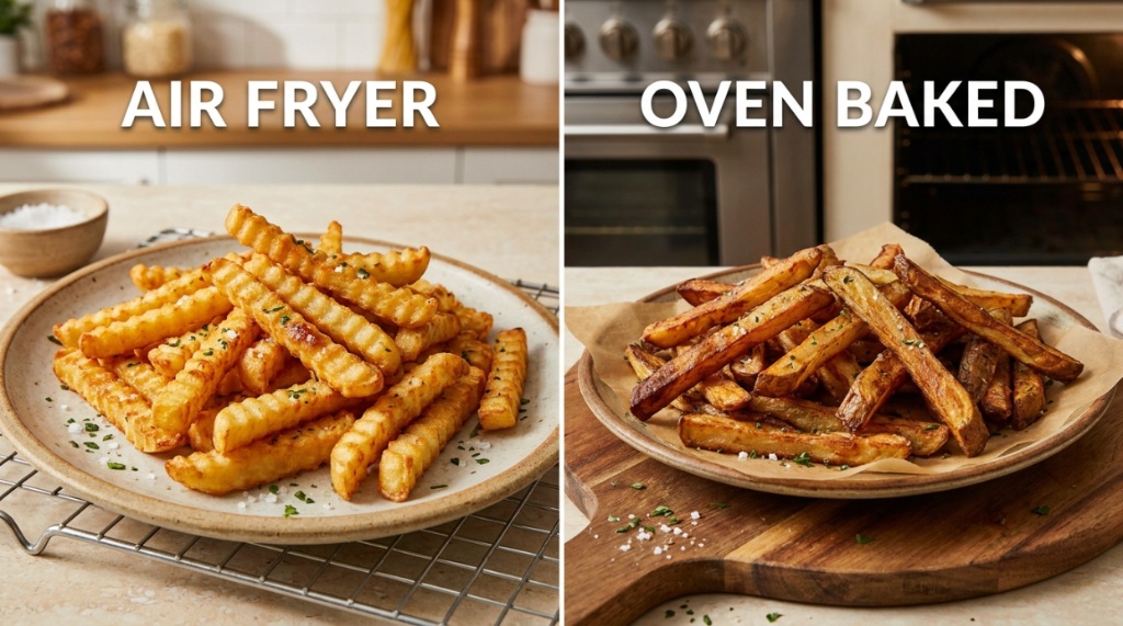 Side-by-side comparison of golden french fries cooked in an air fryer and traditional oven.