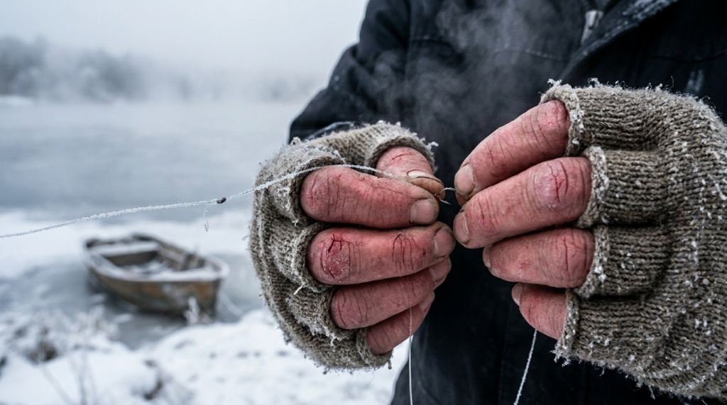 Fisherman folding back glove fingertips to adjust a small fishing lure in winter.