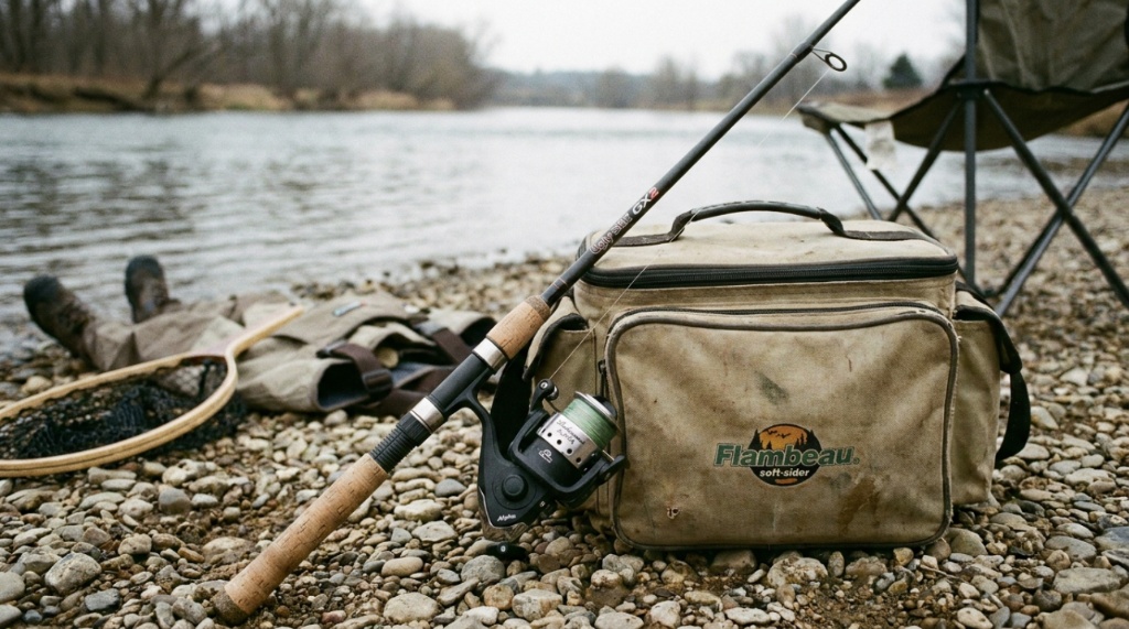 Affordable spinning rod and reel resting securely against a fishing backpack lakeside.