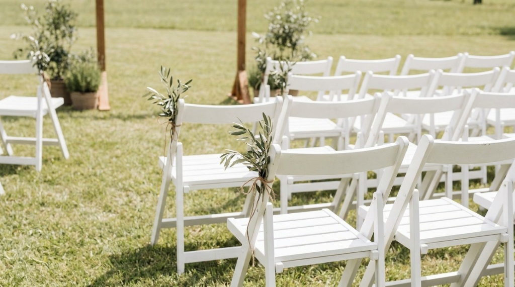 White wedding chairs decorated with olive branches for a low cost romantic ceremony.