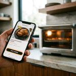 A sleek smart air fryer oven sitting next to a built-in traditional kitchen oven.