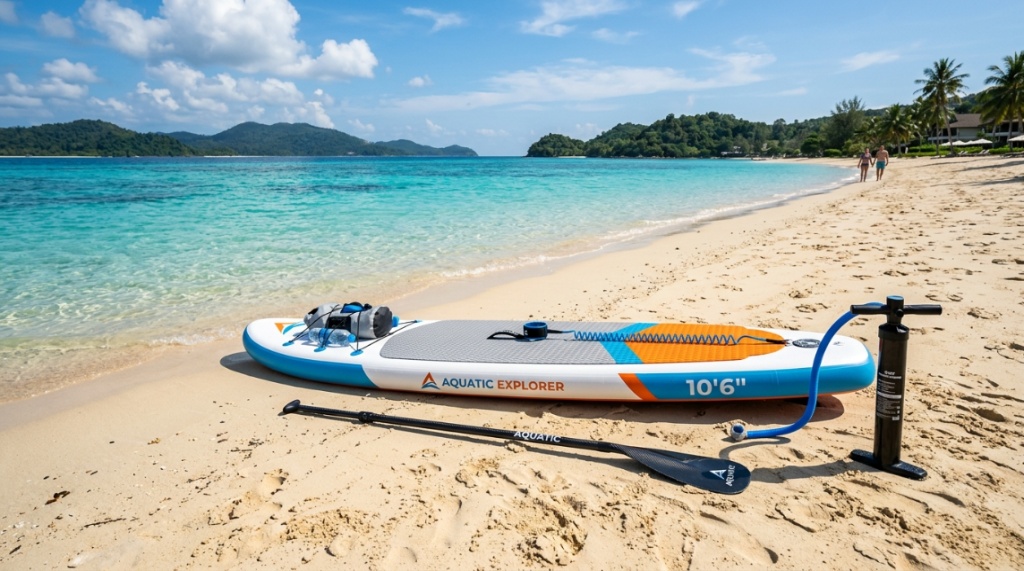 A person paddling smoothly on a calm lake using a stable inflatable paddle board.