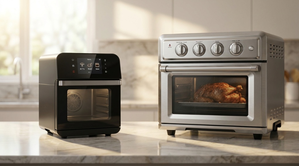 A person using a smartphone app to control a countertop smart air fryer oven.