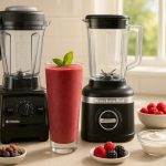 Fresh homemade smoothie beside a quality countertop blender, highlighting smooth texture and efficient blending for North Carolina kitchens