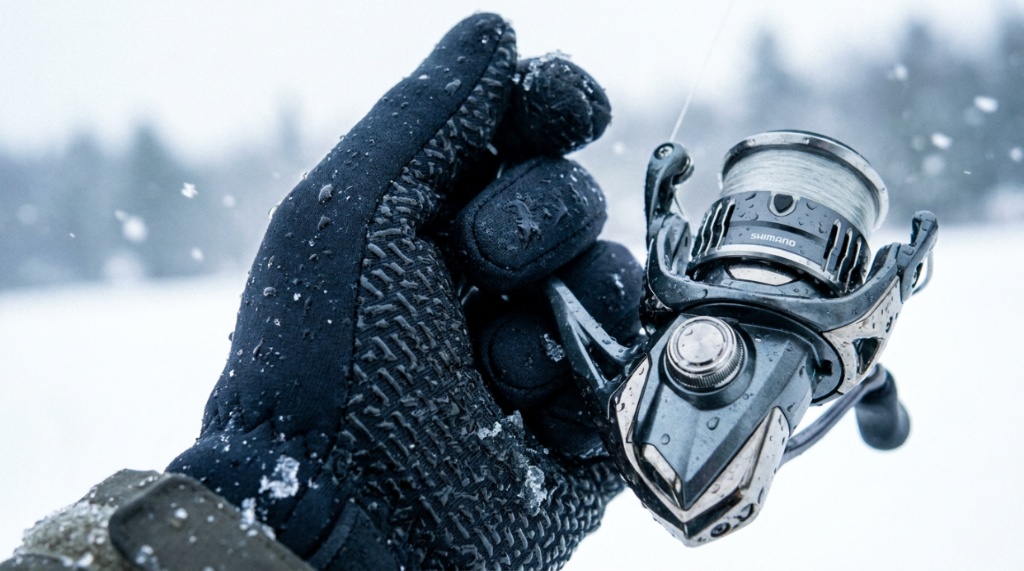 Waterproof neoprene fishing gloves with textured grip holding a spinning reel in snow.