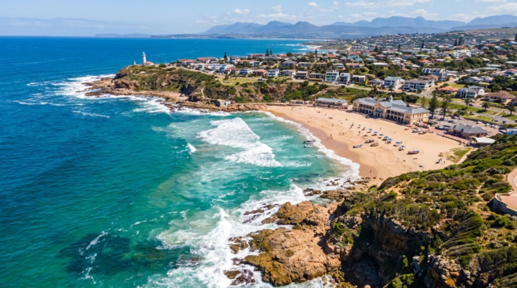 Aerial view of Mossel Bay coastline and Santos Beach on the Garden Route