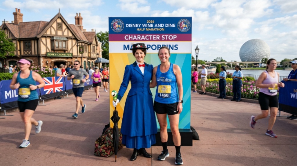 A runner posing with Mary Poppins at a character stop during the 2026 Disney Wine and Dine Half Marathon course inside EPCOT at Walt Disney World
