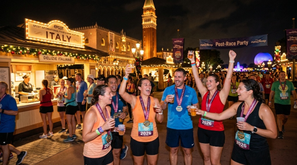 Participants celebrating at the after-hours post-race party at EPCOT during the 2026 Disney Wine and Dine Half Marathon Weekend with Food and Wine Festival booths in the background