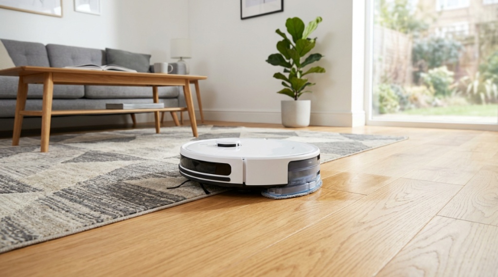 A robot vacuum mop cleaning kitchen tiles next to a smartphone showing an app.