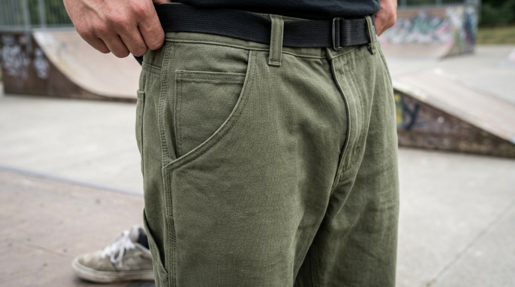 Close up of durable fabric and stitching on affordable skate pants