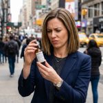 Woman looking skeptical at skincare product label in NYC shop.