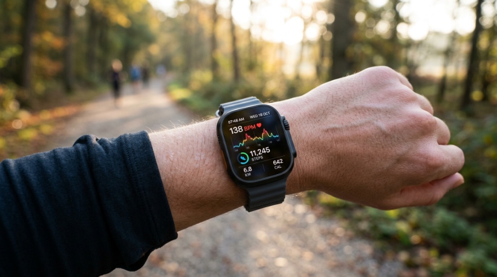 Smartwatch resting on a wooden nightstand displaying sleep analytics.