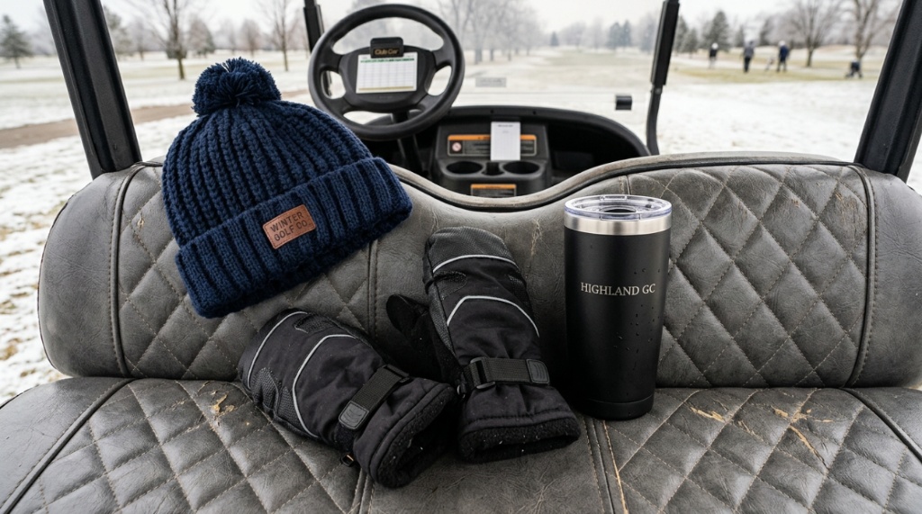 A knit beanie and insulated gloves sitting on a golf cart seat.