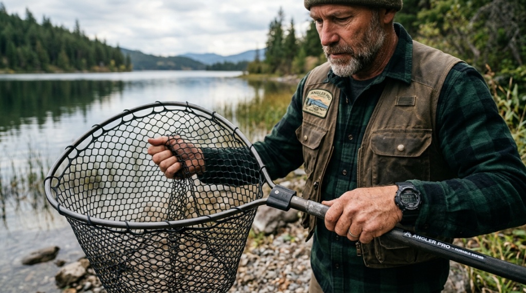 A close-up shot of an outdoorsman testing the sturdy aluminum handle and rubber-coated mesh of a landing net outdoors near a freshwater lake.A close-up shot of an outdoorsman testing the sturdy aluminum handle and rubber-coated mesh of a landing net outdoors near a freshwater lake.