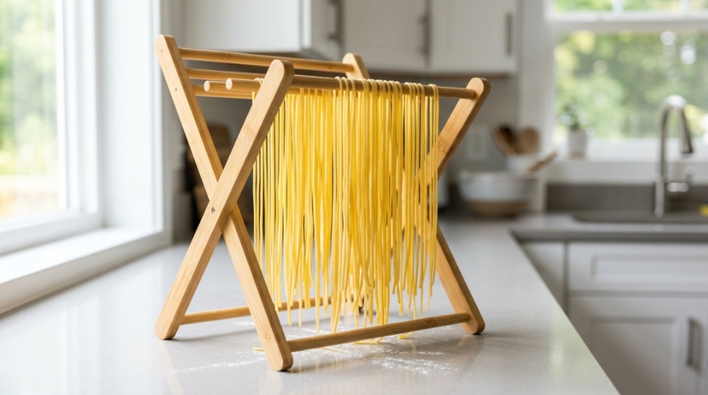 Freshly made fettuccine pasta strands hanging to dry on a rustic bamboo rack.