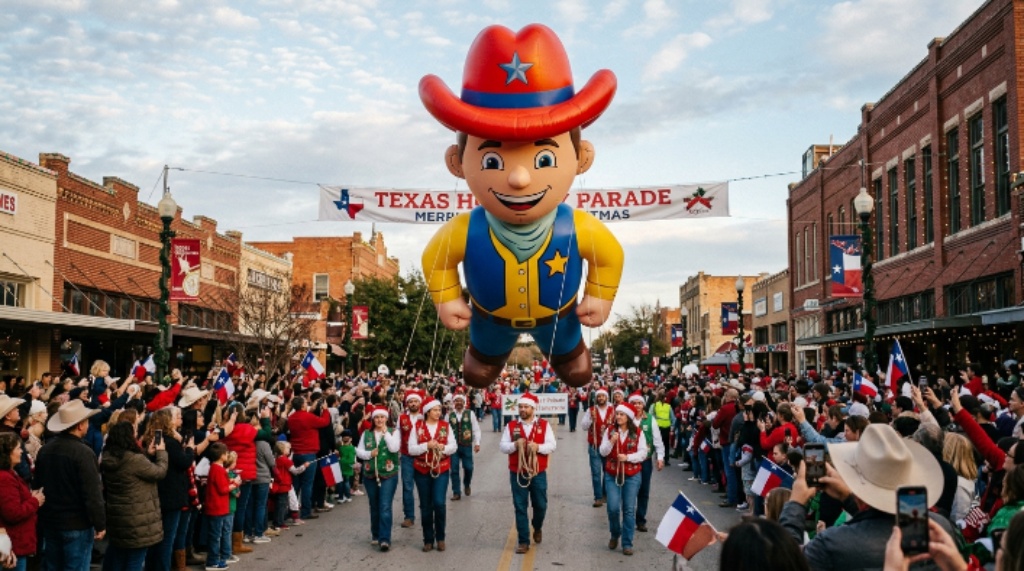 Giant character balloon floating above a crowd during a Texas holiday parade