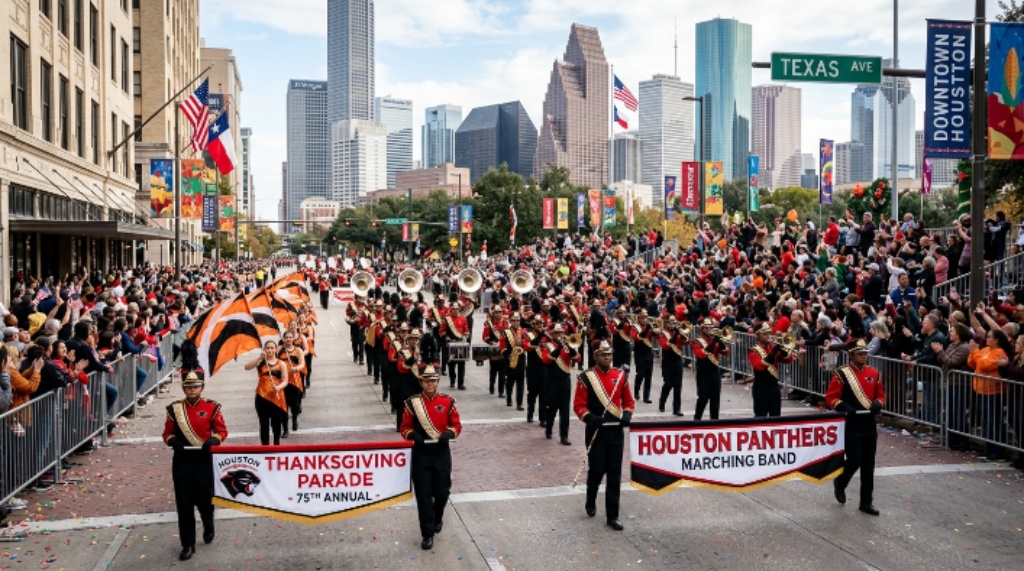 Marching band performing along a downtown Houston parade route on Thanksgiving morning
