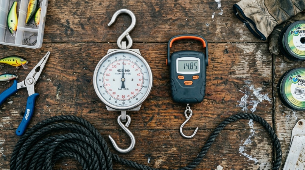 Heavy-duty digital and spring fish scales resting on a wooden boat deck.