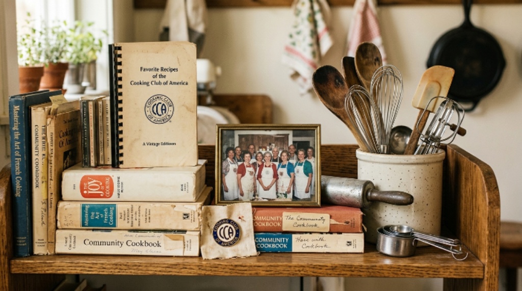Collection of recipe books and cooking utensils representing former Cooking Club of America members