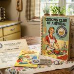 Vintage Cooking Club of America membership materials and cookbook on a kitchen table