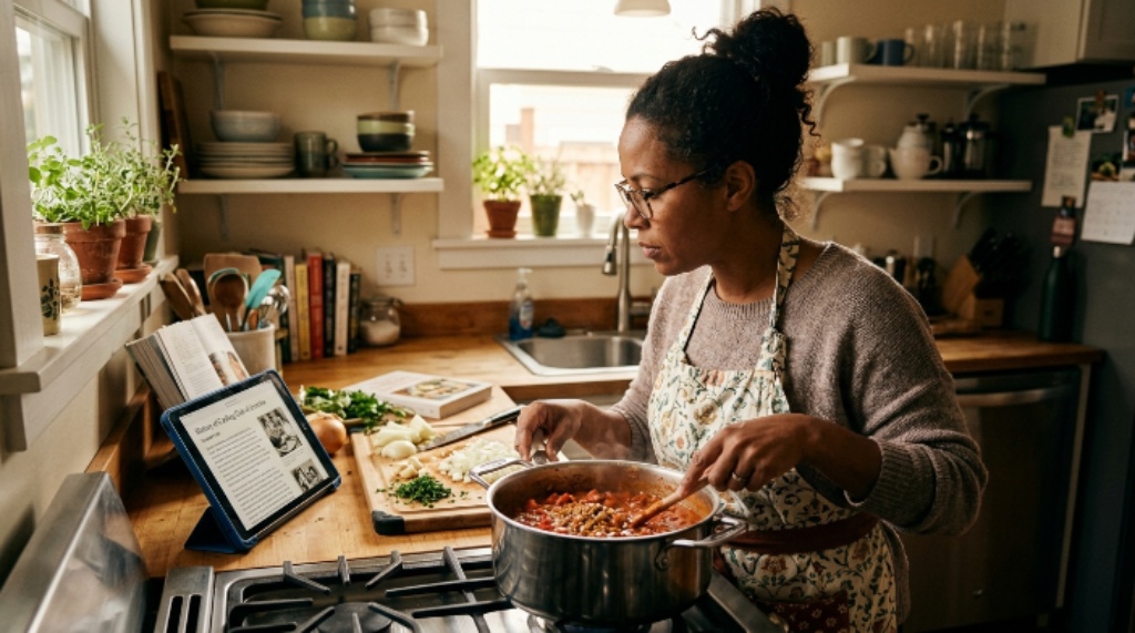 Home cook preparing a meal while researching the history of Cooking Club of America