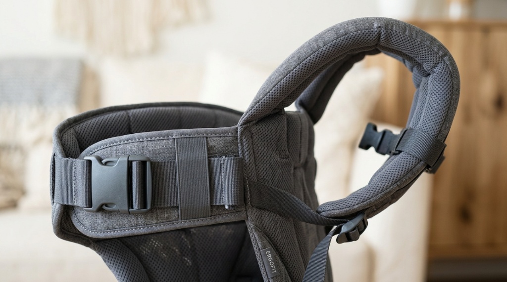 Close-up of padded shoulder straps on adjustable baby carrier