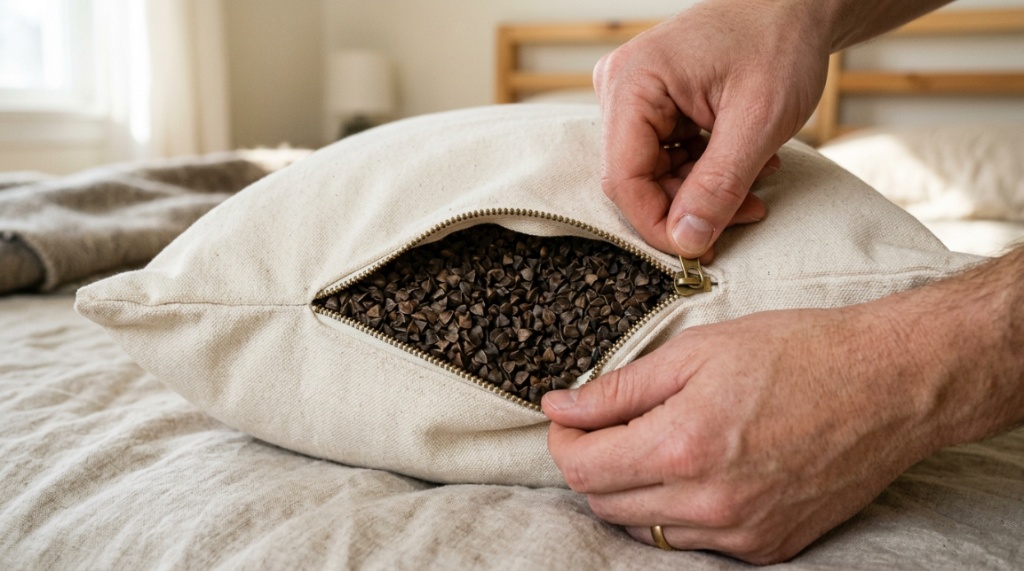 Hands unzipping a cotton pillowcase to show buckwheat hulls.