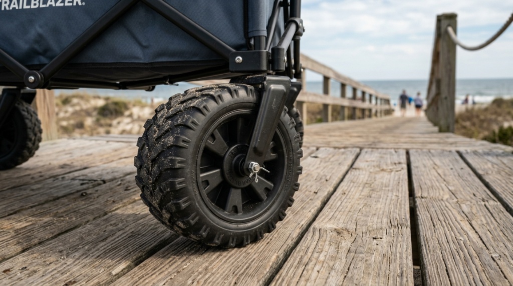 Wide all-terrain wheels on a collapsible utility wagon.