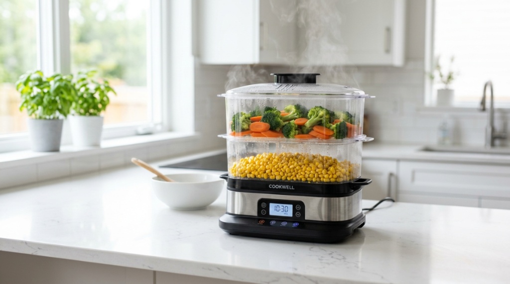 Hands assembling transparent tiers of a compact food steamer for healthy meal prep.