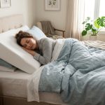 Person sleeping peacefully with head and torso elevated on a white wedge pillow.