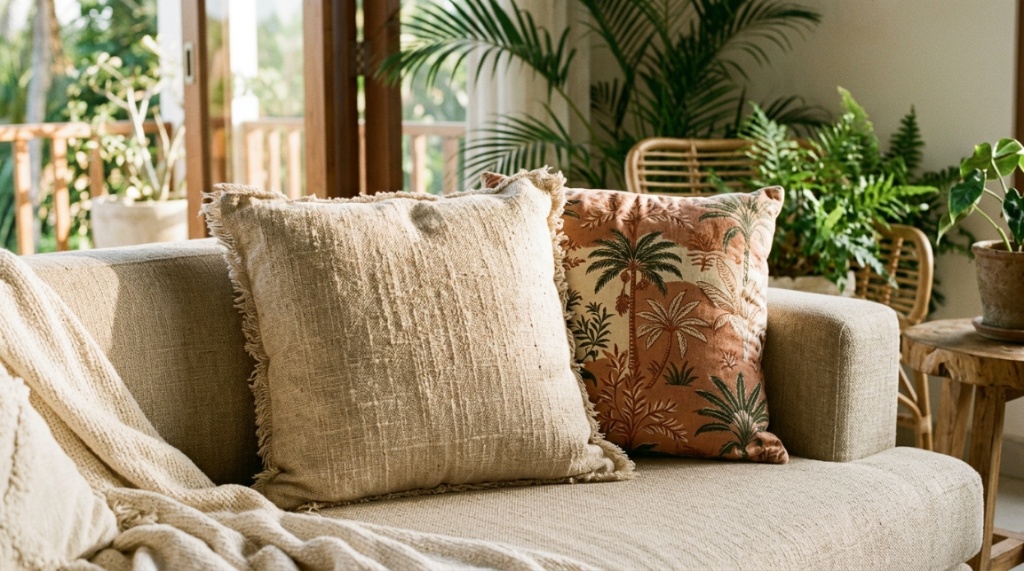 Close-up of breathable cotton throw pillow fabrics on a couch.